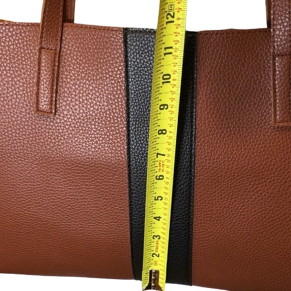 VINCE CAMUTO Tumbled Brown Black Stripe Vegan Leather File Briefcase Tote Bag - Picture 10 of 15